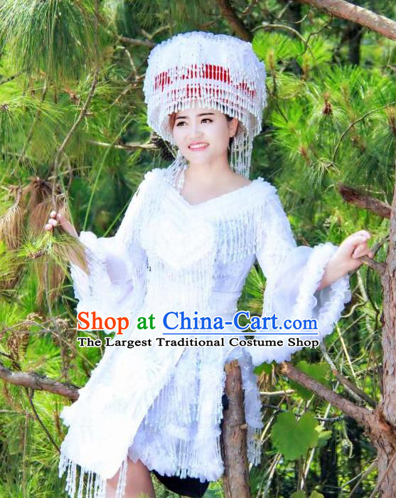 China Yunnan Ethnic Apparels Traditional Nationality Women Costumes Folk Dance Clothing Miao Minority White Short Dress and Headwear