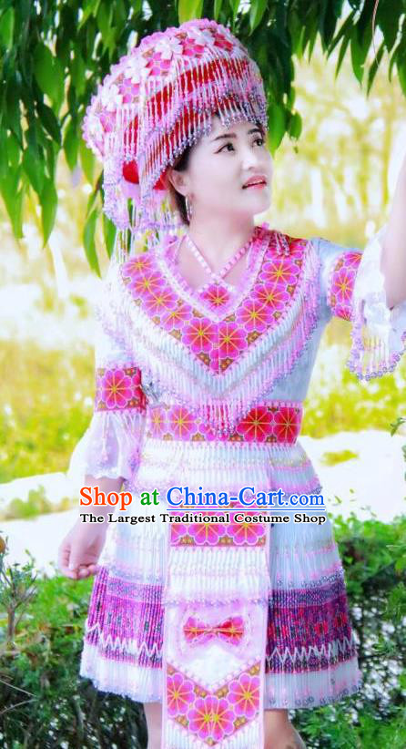 China Ethnic Summer Apparels Traditional Miao Nationality Women Costumes Yunnan Minority Pink Short Dress Folk Dance Clothing and Hat