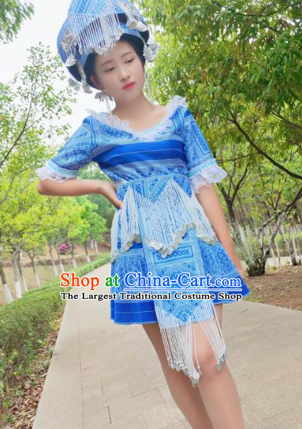 China Traditional Ethnic Folk Dance Apparels Miao Nationality Stage Performance Costumes Minority Women Blue Short Dress and Hat