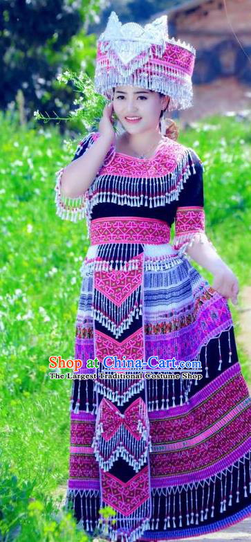 China Wenshan Miao Nationality Long Dress and Hat Traditional Ethnic Folk Dance Apparels Yunnan Minority Costumes