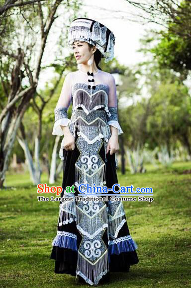 Yunnan Ethnic Women Apparels Miao Minority Wedding Costumes China Nationality Black Long Dress and Headwear