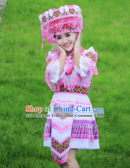 China Yunnan Wenshan Ethnic Women Apparels Minority Costumes Yao Nationality Folk Dance Short Dress and Hat