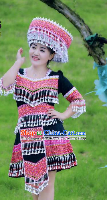 China Guizhou Ethnic Women Apparels Minority Costumes Guangxi Miao Nationality Folk Dance Black Short Dress Dress and Headpiece