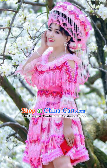 Bride Rosy Blouse and Short Skirt Travel Photography Ethnic Costumes with Hat China Miao Nationality Women Clothing