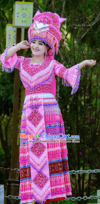 China Zhuang Ethnic Wedding Clothing Minority Bride Costumes Travel Photography Rosy Beads Tassel Dress with Headwear