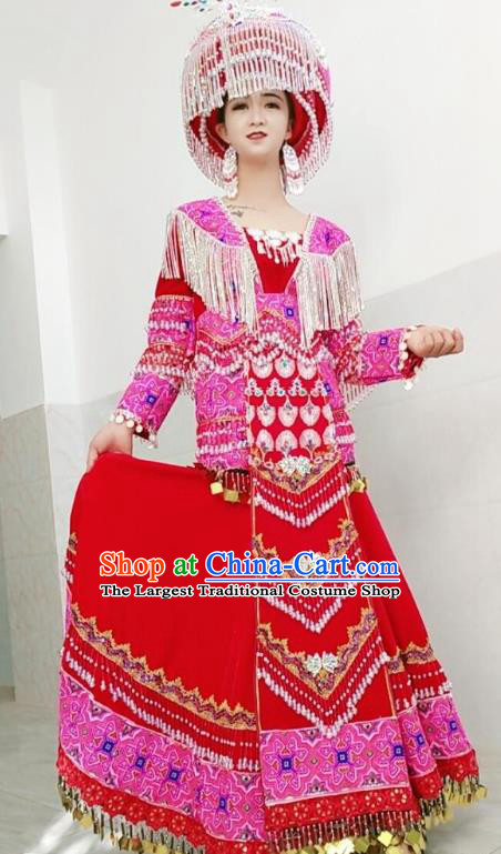 China Yunnan Minority Clothing Travel Photography Red Dress Ethnic Women Costumes Miao Nationality Fashion with Hat