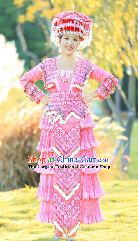 Custom Miao Minority Costumes China Yunnan Ethnic Clothing Pink Blouse and Long Skirt with Headwear