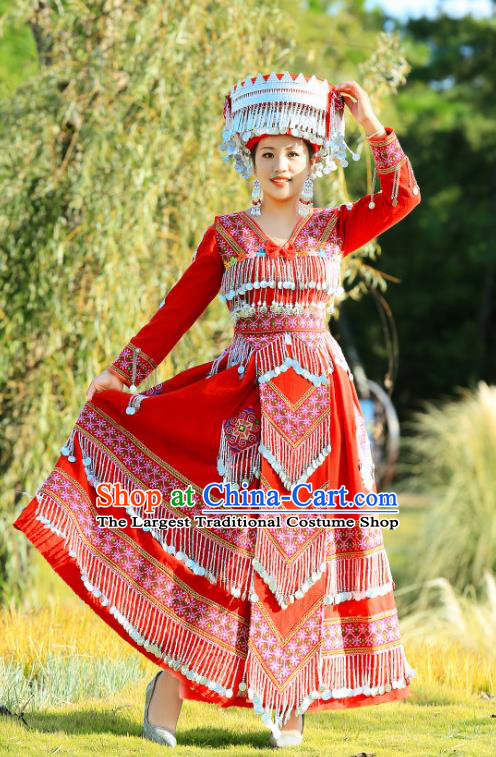 China Traditional Celebration Costume Miao Minority Nationality Clothing Ethnic Bride Red Dress with Headpiece