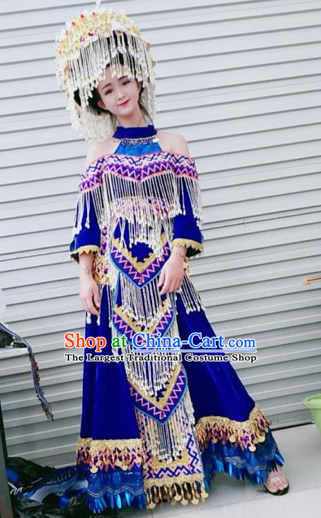 China Ethnic Traditional Celebration Clothing Nationality Bride Costume Yao Minority Royalblue Wedding Dress with Headwear