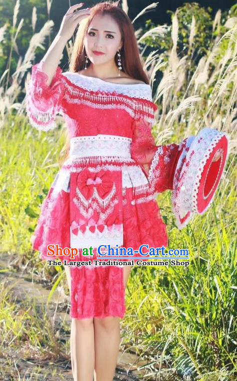 China Minority Celebration Dress Ethnic Miao Nationality Embroidered Rose Red Blouse and Short Skirt Traditional Festival Costume with Headwear