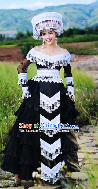 China Ethnic Festival Women Black Dress Guizhou Miao Minority Celebration Clothing Folk Dance Costumes and Hat