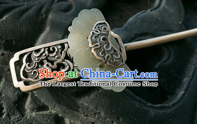 Chinese Ancient Princess Silver Carving Hair Accessories Traditional Cheongsam Jade Hairpin