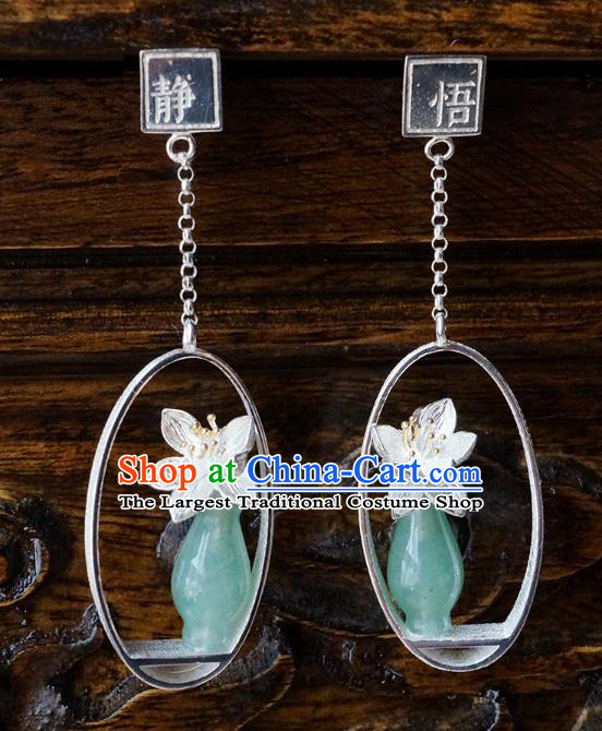 Top Grade Chinese Handmade Silver Orchid Ear Jewelry Traditional Accessories Classical Cheongsam Jade Vase Earrings