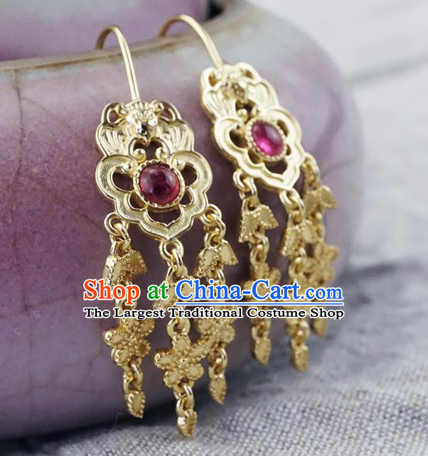 Top Grade Chinese Court Golden Earrings Traditional Handmade Ear Jewelry Qing Dynasty Tourmaline Accessories