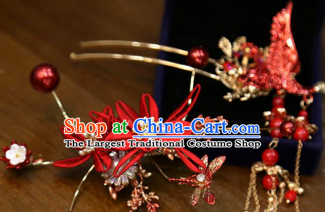 Chinese Classical Hair Accessories Traditional Wedding Red Silk Hairpins Full Set