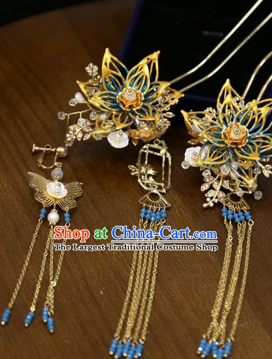 Chinese Classical Tassel Hair Sticks Hair Accessories Traditional Wedding Golden Lotus Hairpins Full Set