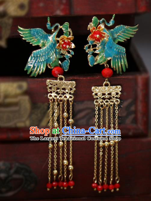 Chinese Classical Blueing Crane Hair Sticks Hair Accessories Traditional Wedding Golden Tassel Hairpins