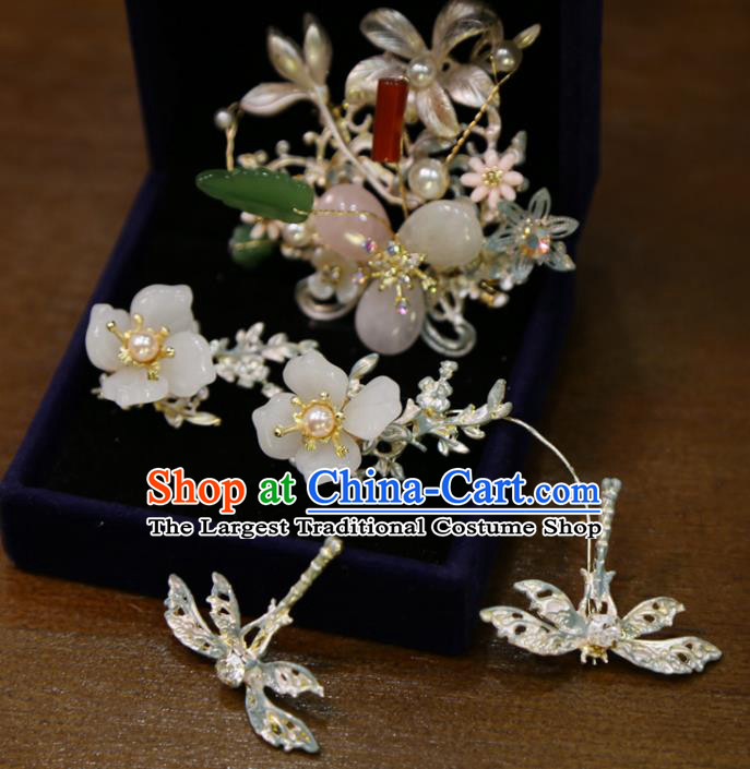 Chinese Wedding Flowers Hairpins Classical Hair Accessories Traditional Argent Dragonfly Hair Sticks Full Set