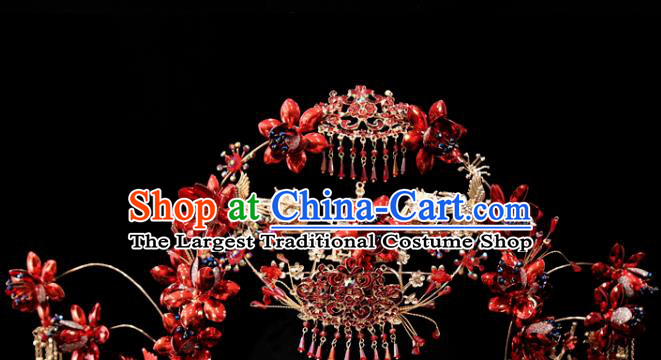 Chinese Wedding Bride Hair Crown Xiuhe Suit Hair Accessories Traditional Red Phoenix Coronet Full Set