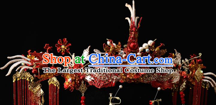 Chinese Traditional Wedding Bride Hair Accessories Xiuhe Suit Red Flower Phoenix Coronet