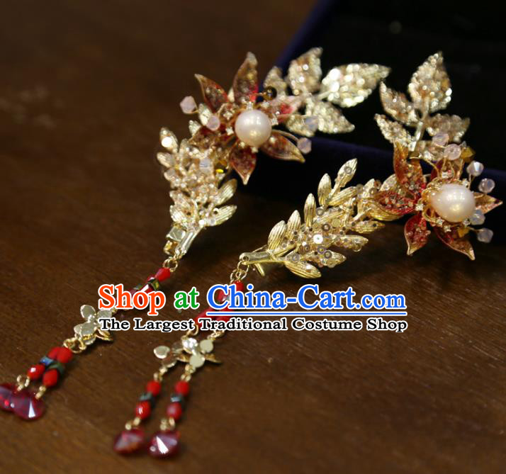 Chinese Traditional Wedding Golden Leaf Hair Sticks Classical Hair Accessories Xiuhe Suit Hairpins