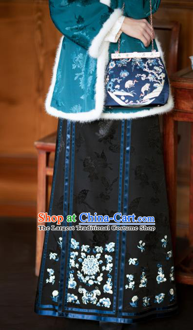 Chinese Qing Dynasty Black Satin Skirt Traditional Costume Noble Woman Bust Skirt