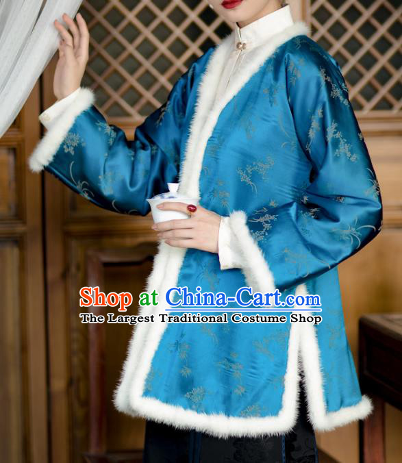 Republic of China Blue Silk Coat Traditional Upper Outer Garment Chinese Tang Suit Cotton Padded Jacket Clothing for Women