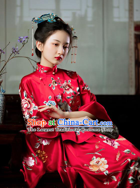 Chinese Traditional Wedding Costumes Xiuhe Suit Bride Embroidered Red Clothing Full Set