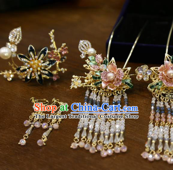 Chinese Wedding Hairpins Traditional Classical Hair Accessories Xiuhe Suit Beads Tassel Hair Sticks