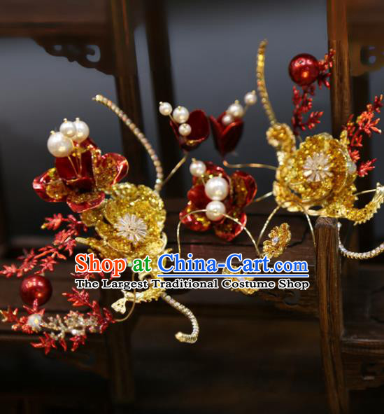 Chinese Xiuhe Suit Red Flower Hairpins Classical Hair Accessories Traditional Wedding Hair Sticks