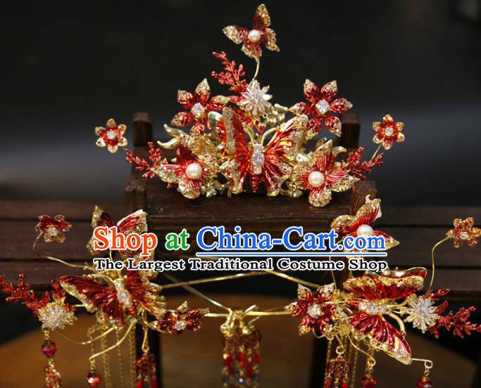 Chinese Classical Hair Accessories Traditional Wedding Xiuhe Suit Red Butterfly Hair Crown and Hairpins Full Set