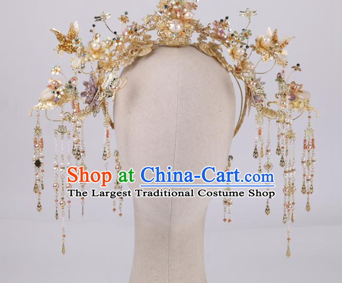 Chinese Xiuhe Suit Pearl Hair Crown Headpieces Traditional Wedding Hair Accessories Classical Golden Phoenix Coronet Full Set