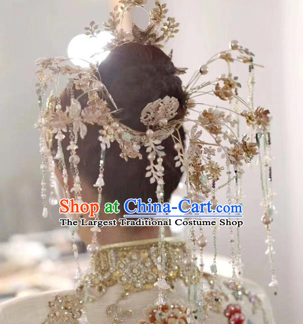 Chinese Xiuhe Suit Tassel Phoenix Coronet Traditional Wedding Hair Accessories Hair Crown and Hairpins Full Set