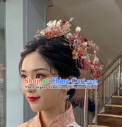 Chinese Traditional Wedding Hair Accessories Hair Crown and Hairpins Xiuhe Suit Red Tassel Phoenix Coronet Full Set