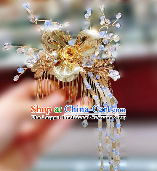 Chinese Traditional Xiuhe Suit Golden Hair Stick Classical Hair Accessories Wedding Beads Hair Comb