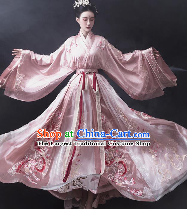 China Traditional Jin Dynasty Princess Pink Hanfu Dress Ancient Palace Lady Embroidered Clothing Complete Set