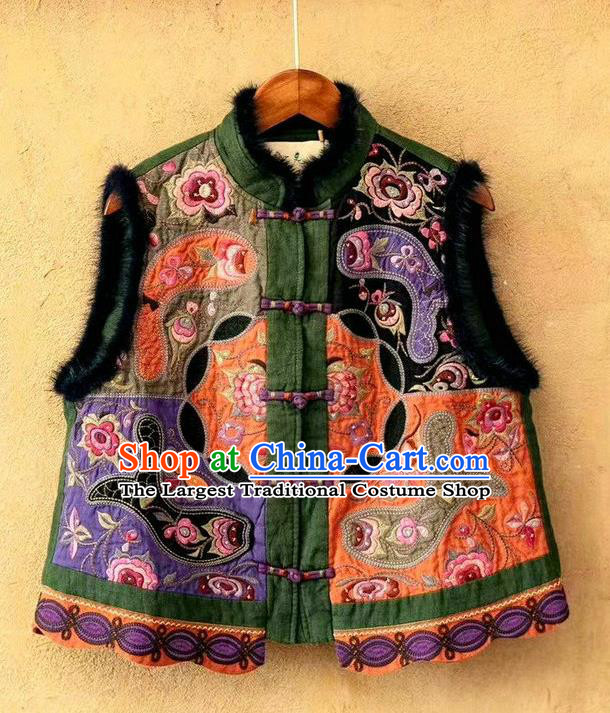 China National Green Flax Waistcoat Guizhou Ethnic Embroidered Vest Women Traditional Tang Suit Upper Outer Garment Clothing