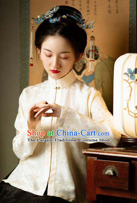 Republic of China White Silk Shirt Traditional Upper Outer Garment Chinese Tang Suit Blouse for Women