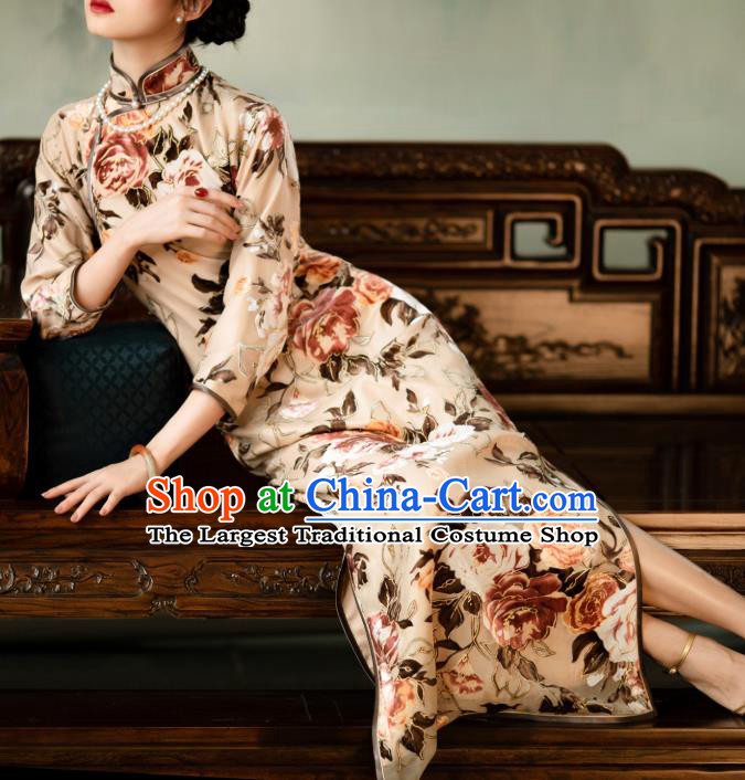 Chinese Classical Printing Peony Beige Qipao Dress National Women Cheongsam Traditional Costume