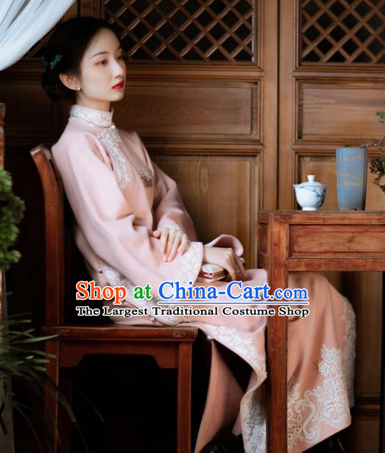 Chinese Classical Qipao Dress National Women Embroidered Pink Woolen Cheongsam Traditional Costume