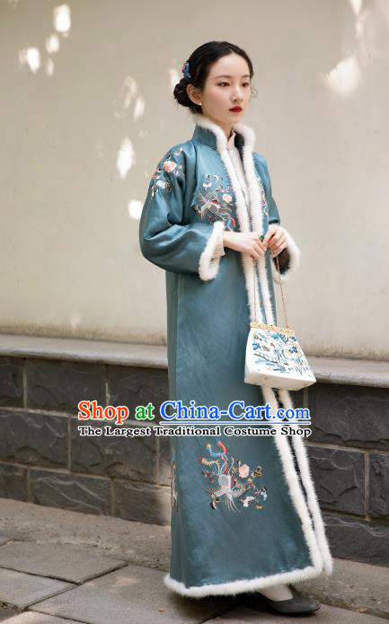 Chinese Traditional Blue Silk Cotton Padded Coat Tang Suit Embroidered Dust Coat Greatcoat for Women