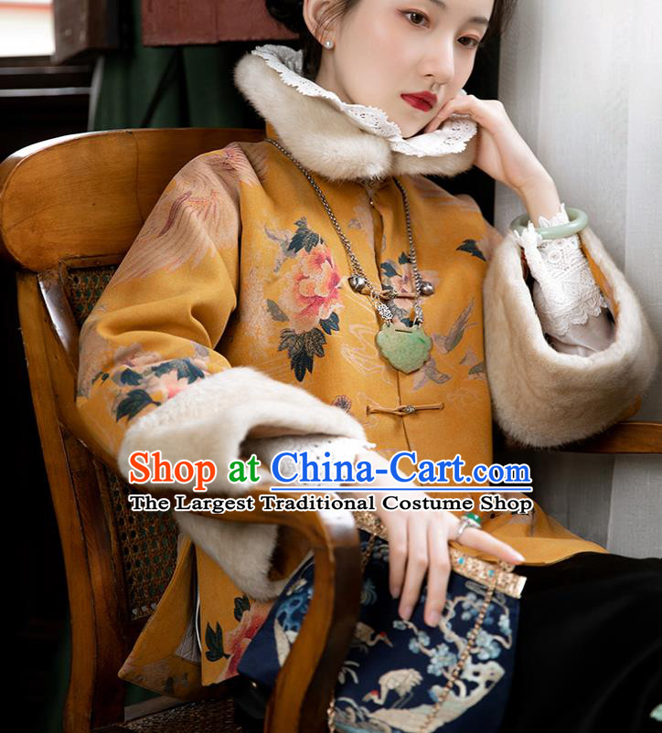 Chinese Traditional Mandarin Jacket Tang Suit Outer Garment Yellow Silk Cotton Padded Coat for Women