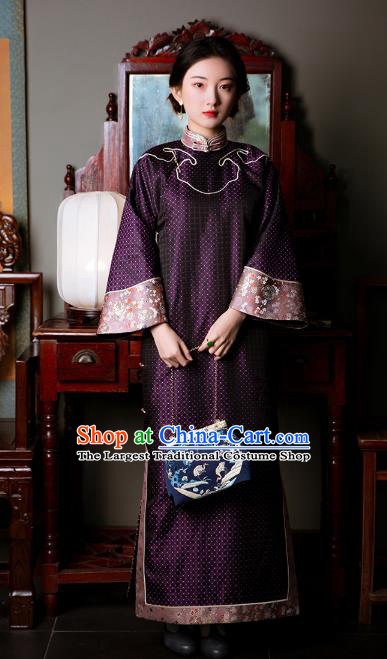 Chinese National Women Cheongsam Traditional Costume Republic of China Classical Purple Silk Qipao Dress