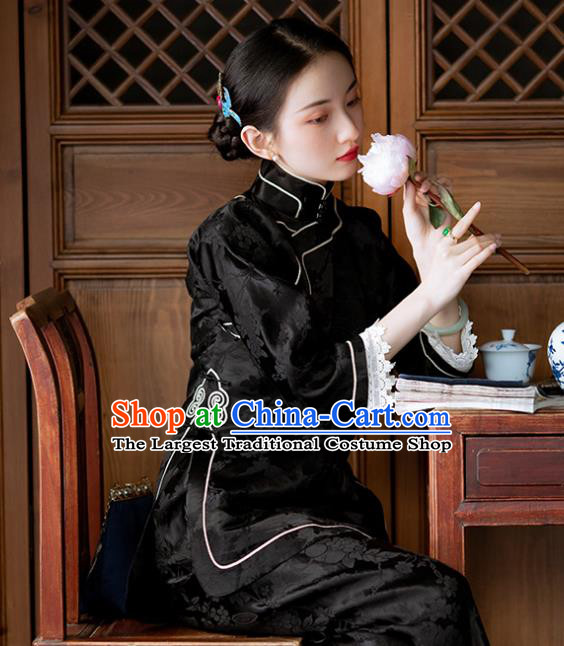 Chinese Tang Suit Upper Outer Garment National Shirt Traditional Black Silk Blouse for Women