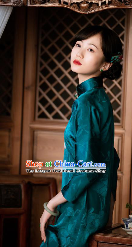 Republic of China Deep Green Silk Qipao Dress Traditional National Costume Asian Classical Cheongsam