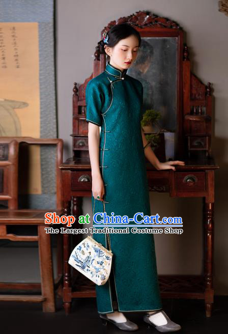 Republic of China Traditional Peacock Green Silk Qipao Dress Asian Classical Cheongsam National Retro Costume