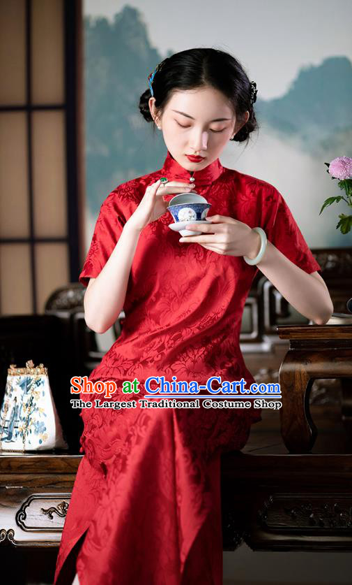 Chinese Traditional Costume National Cheongsam Republic of China Red Silk Qipao Dress