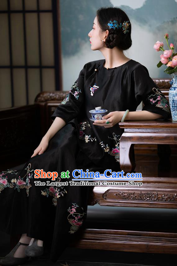 Chinese Traditional Embroidered Black Silk Shirt National Clothing Tang Suit Upper Outer Garment Blouse for Women