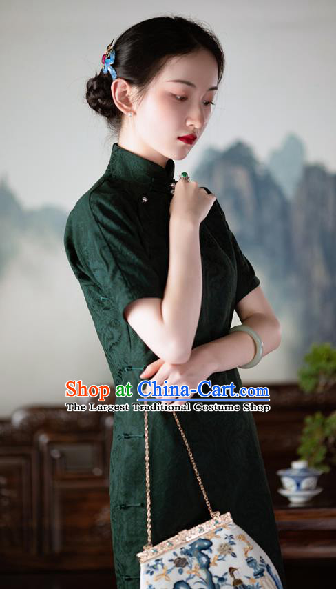 Republic of China Qipao Dress Chinese Traditional Costume National Dark Green Silk Cheongsam