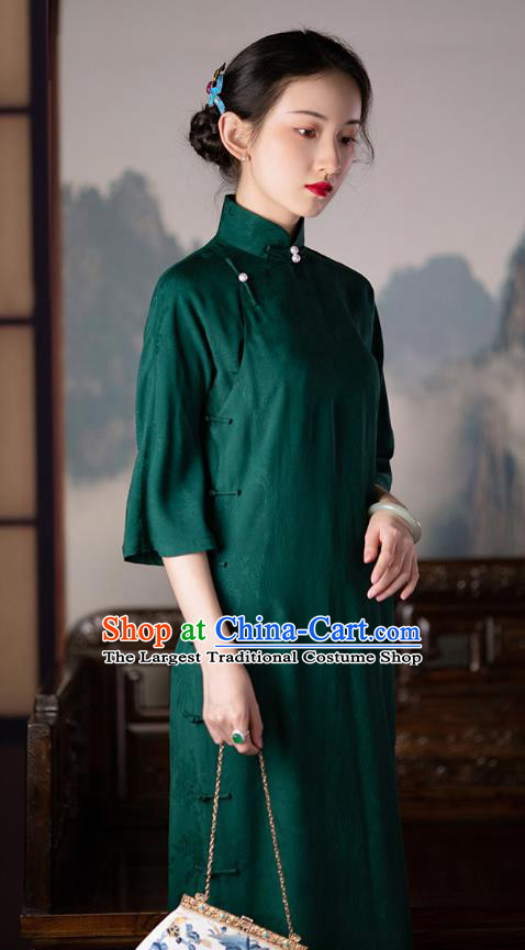 Republic of China Deep Green Qipao Dress Traditional Costume National Silk Cheongsam